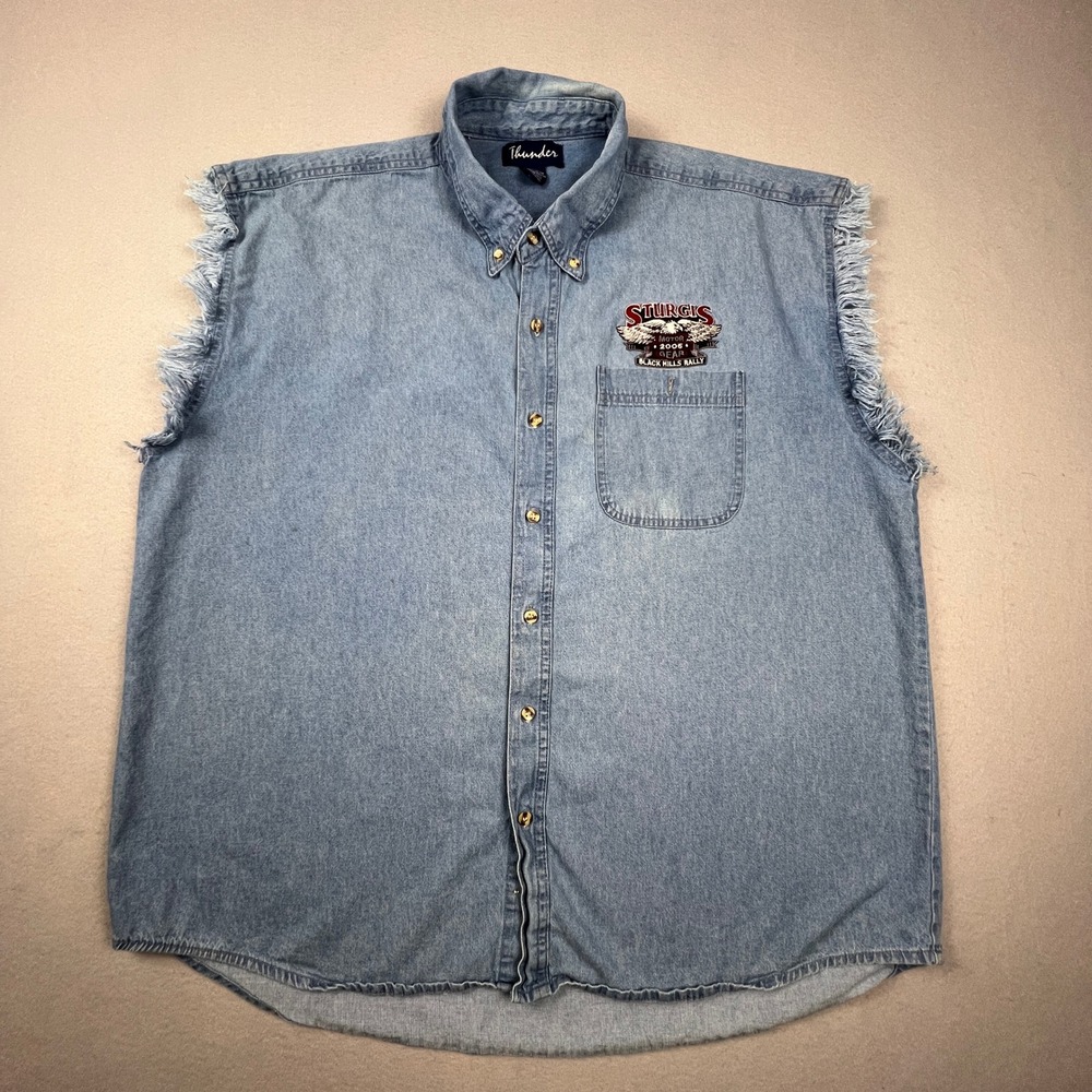 Thunder Sturgis 2005 Denim Vest Mens XXL‎ Blue Sleeveless Biker Rally Shirt VTG